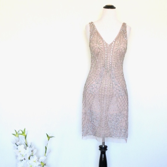 NEW! Aidan Mattox Sequin Beaded Embellished Cocktail Dress Taupe SZ 4 - Picture 2 of 9